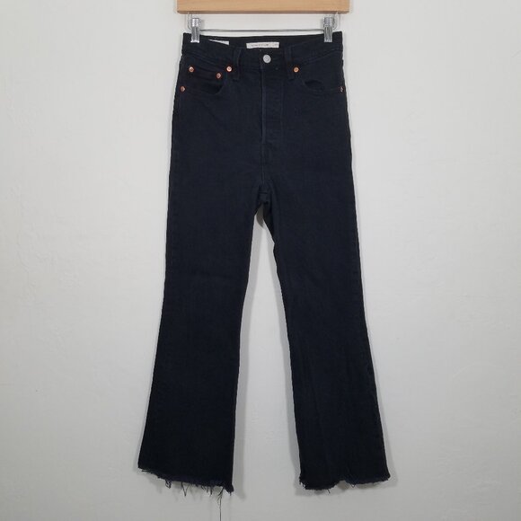Levi's Premium RIBCAGE Crop Flare High Rise Button Fly Raw Hem Jeans Black 25 - Picture 1 of 11
